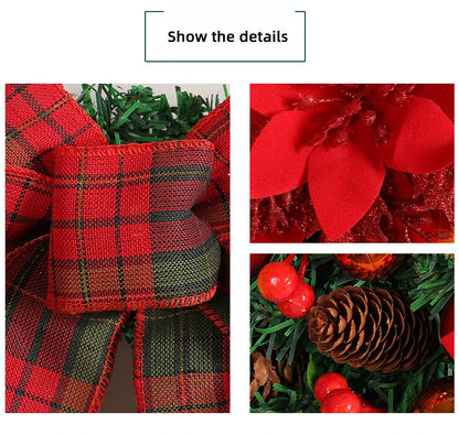 Guirlanda de Natal iluminada de 37,5 cm com grande laço xadrez de búfalo, pinhas e frutas
