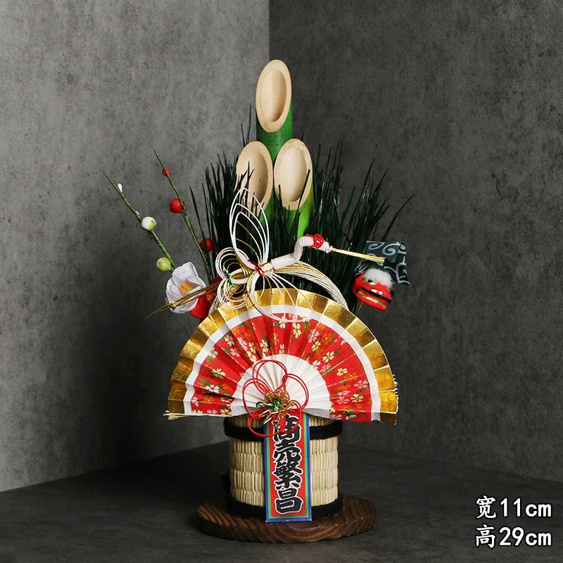 Vaso Três Tubos Leque Dourado com Placa de Madeira, Adorno de Mesa de Ano Novo Japonês (Kadomatsu)