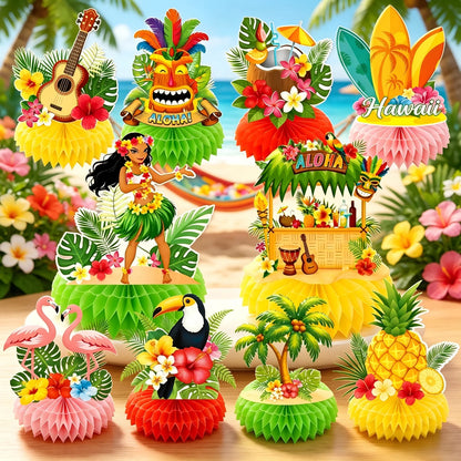 Enfeites de Centro de Mesa com Tema Luau / Festa Havaiana é Feito de Papel com Base em Estilo Favo de Mel