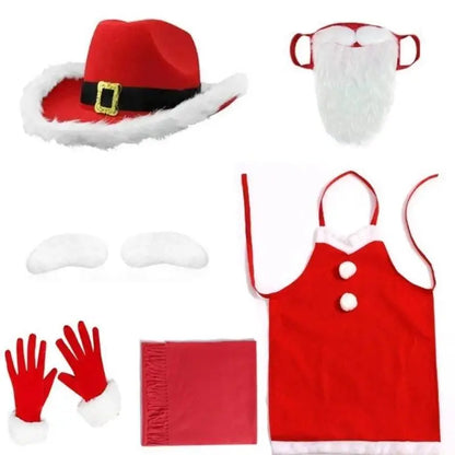Kit Fantasia Papai Noel Adulto Com Avental E Óculos - 7 Peças, Avental Papai Noel Natalino Com Barba Gorro