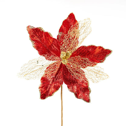 Kit 2 Flores Artificiais para Arranjo Decorativo com Glitter Dourado Vermelho 30cm*23cm
