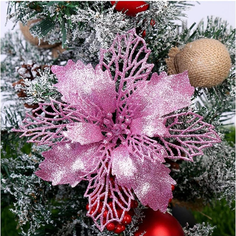 10 Peças de flores artificiais de poinsétia com glitter de Natal, decorações de flores