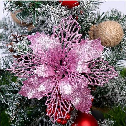 10 Peças de flores artificiais de poinsétia com glitter de Natal, decorações de flores