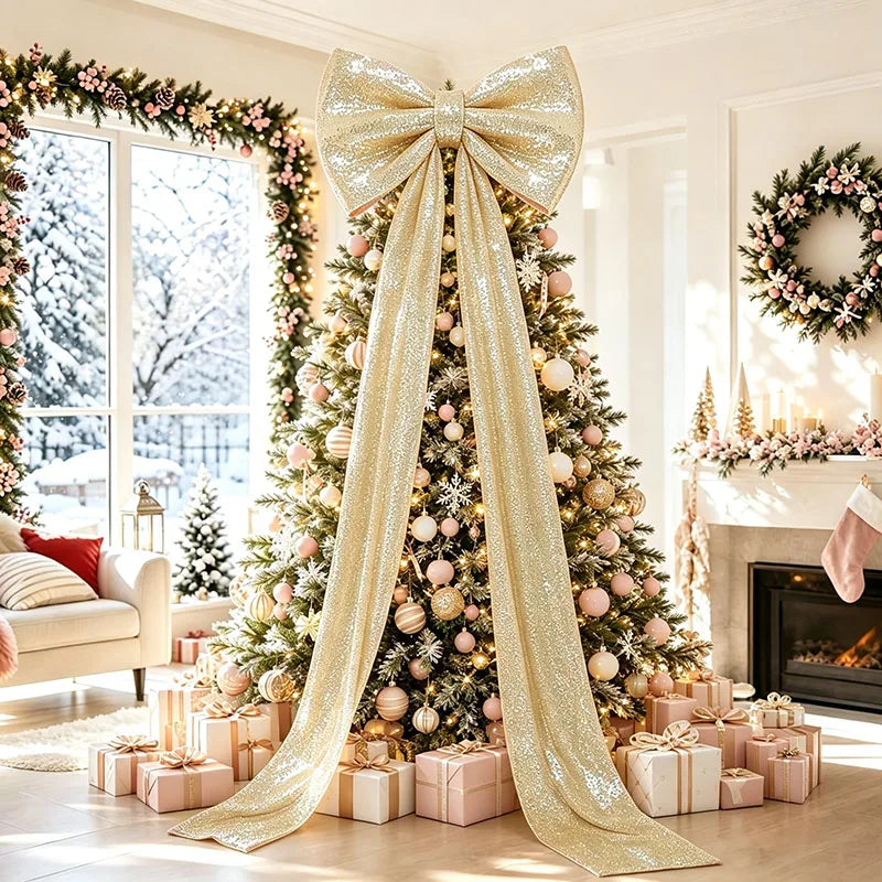 Laço Decorativo Shopping Gigante de Cor Rosa com Fitas Longas Penduradas no Topo de uma Árvore de Natal