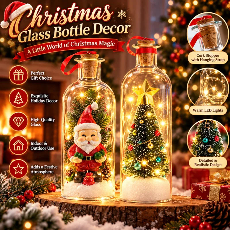 Enfeites de Natal Luminosos em Formato de Garrafa de Vidro com Miniaturas de Árvore de Natal e Papai Noel