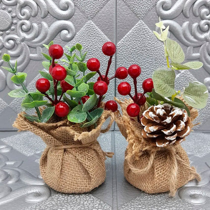 Vaso Cereja Pinha 2 Peças Arranjos Enfeite Mesa Natal Vaso Cereja Pinha 15cm Arranjos
