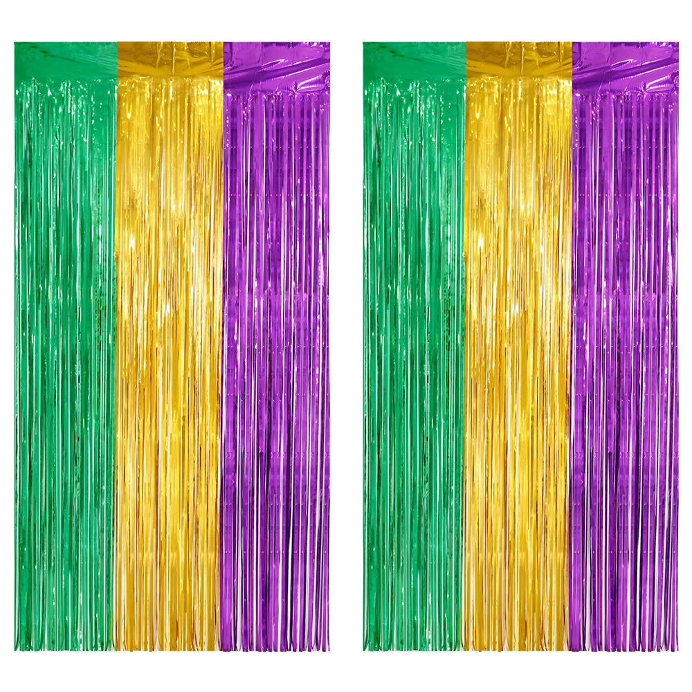 Pacote com 2 cortinas de franja de folha de carnaval 1 m x 2,5 m verde roxo dourado