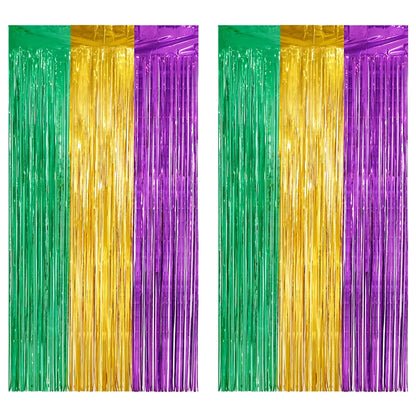 Pacote com 2 cortinas de franja de folha de carnaval 1 m x 2,5 m verde roxo dourado