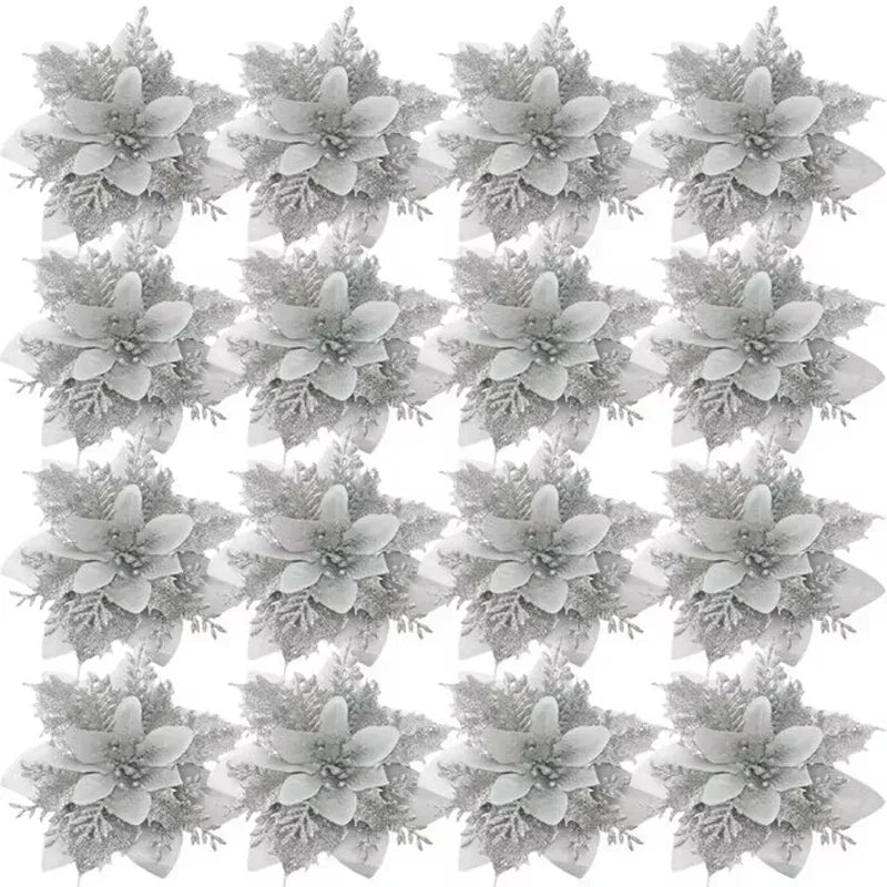 Flores Natal Glitter Artificial 5/10/20/30 peças de Poinsétia de Flores de Natal e Purpurina