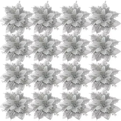 Flores Natal Glitter Artificial 5/10/20/30 peças de Poinsétia de Flores de Natal e Purpurina