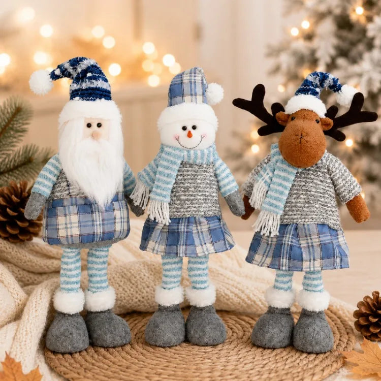 Boneco de Papai Noel Azul Decoração de Natal em Tecido Xadrez Azul com Papai Noel