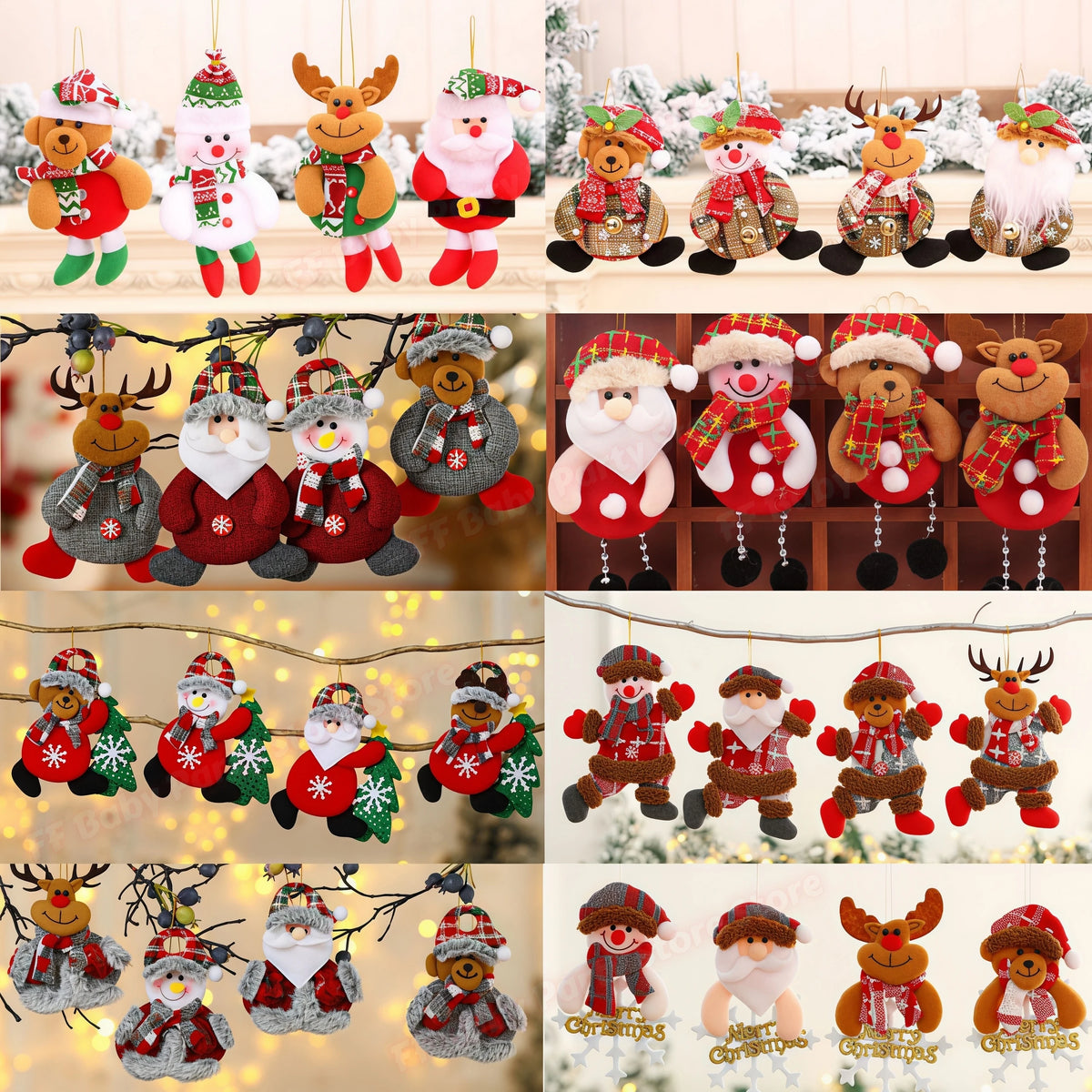 Kits Enfeites Natal Pelúcia Papai Noel e Neve Rena e Urso com Roupinha Verde e Vermelho