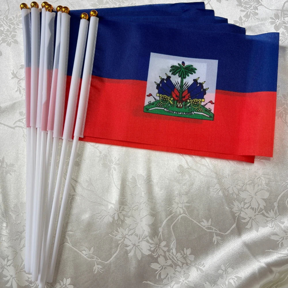 Copa do Mundo Pacote com 20 mini bandeiras do Haiti pequenas de mão, bastão haitiano