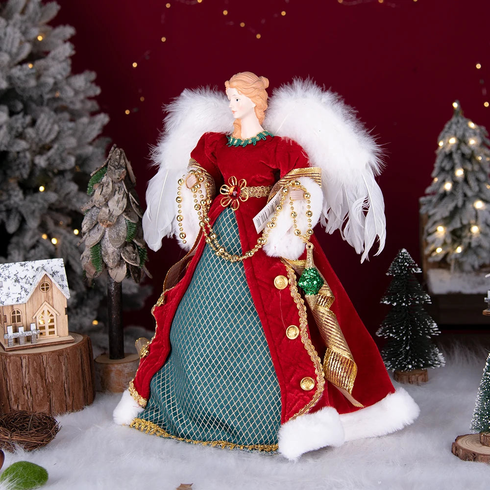 Enfeite de árvore de anjo de Natal asas douradas, elegante estatueta anjo vestido verde