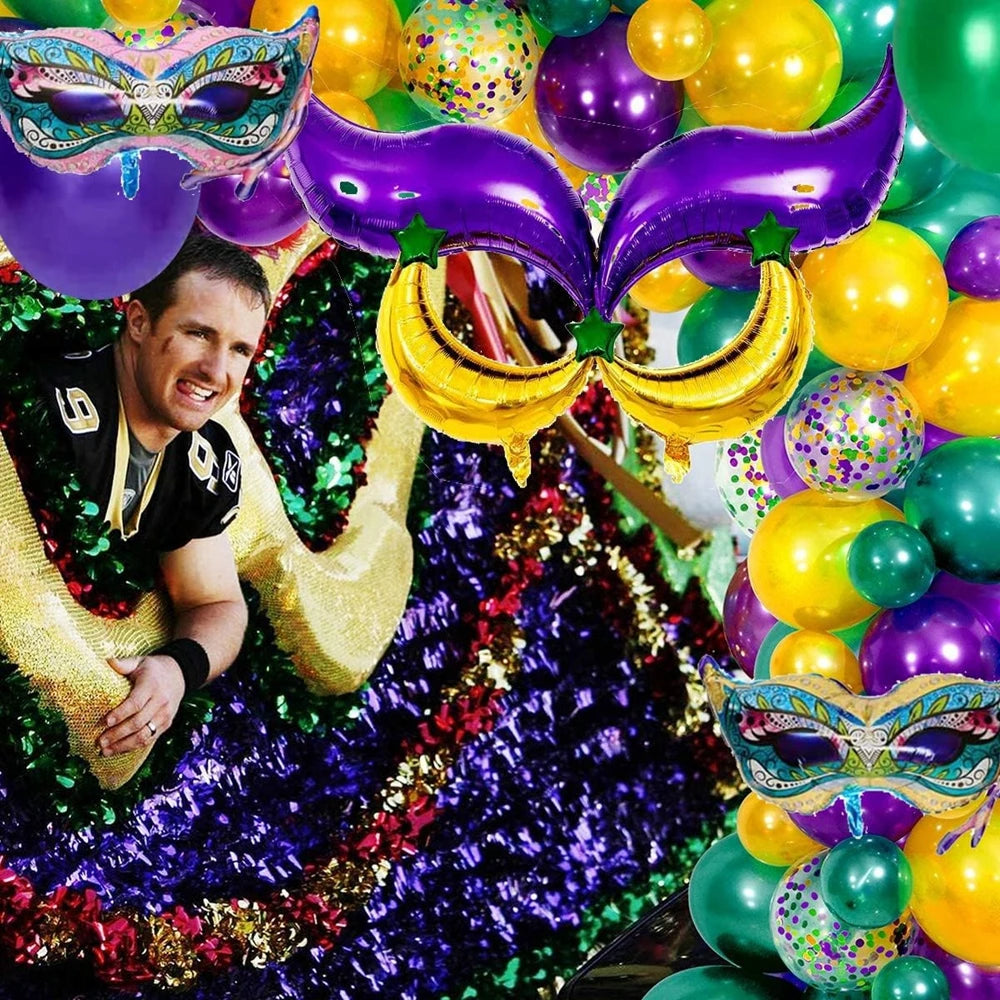 Kit de arco de guirlanda de balões de carnaval, 114 peças, ouro verde roxo balões