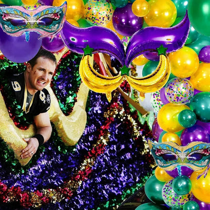 Kit de arco de guirlanda de balões de carnaval, 114 peças, ouro verde roxo balões