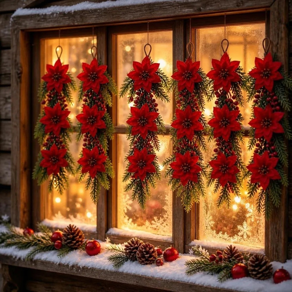 Enfeite é um Arranjo Pendente de Natal Artificial, Flores de Poinsétia Vermelho e Folhagem Pinheiro