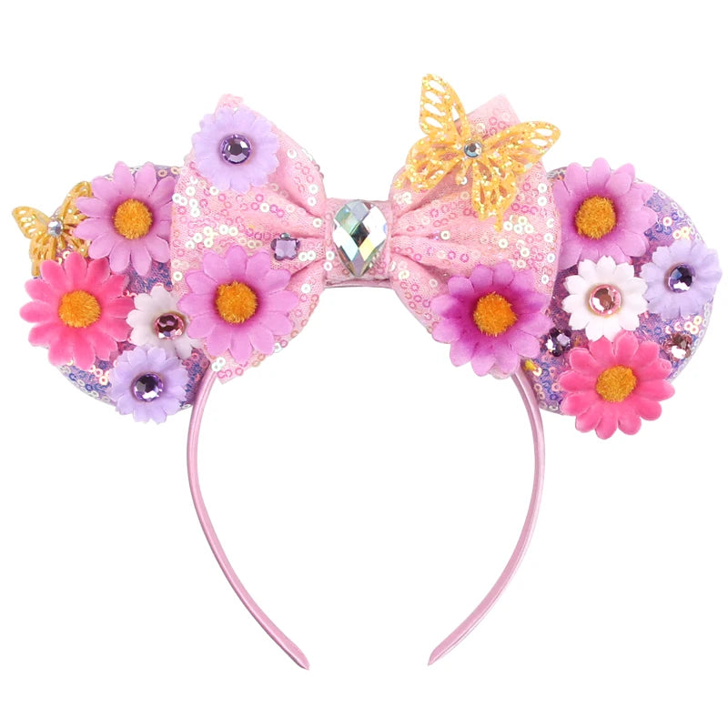 Tiara de orelhas de Disney iluminada de luxo com laço piscante e estampa de bolinhas