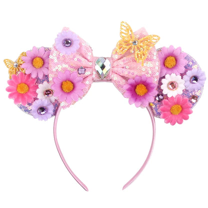 Tiara de orelhas de Disney iluminada de luxo com laço piscante e estampa de bolinhas