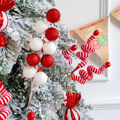 Buquê Bolas Listradas Natal, Palitos de Lã Vermelhos e Brancos, Lantejoulas para Árvore