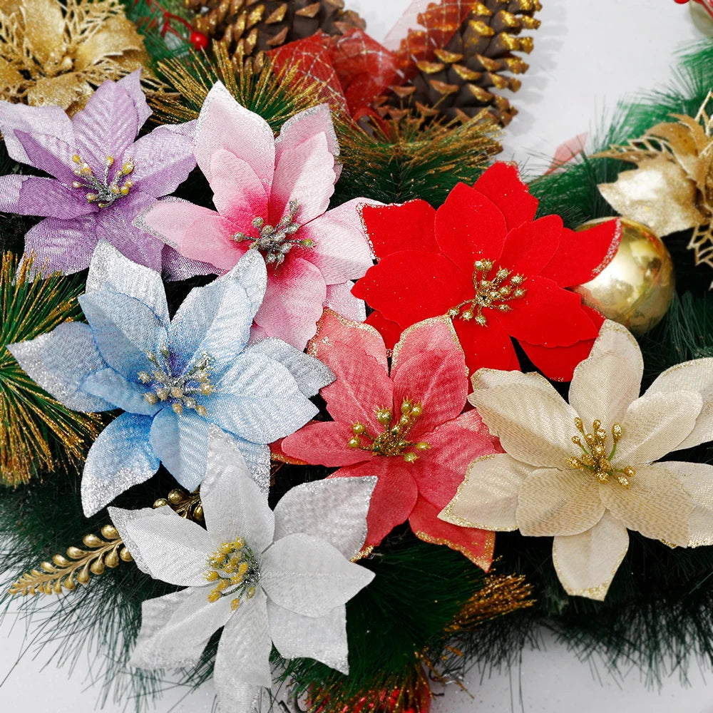Flores Natal Glitter Artificial 10/100 peças de Enfeite de Árvore de Natal de Poinsétia Glitter