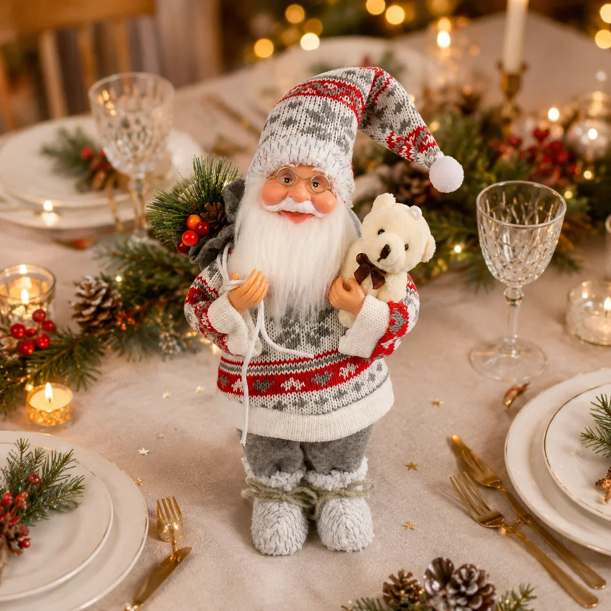 Papai Noel de Urso (Vermelho e Cinza) Enfeite de Natal Papai Noel Pé, Decoração Plástico