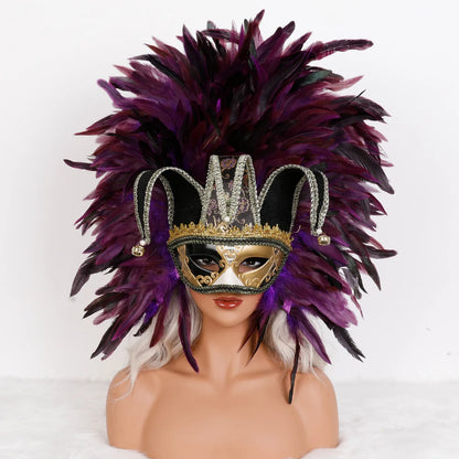 Máscara Veneziana Arlequim com Penacho de Plumas Pretas (Máscara de Bobo da Corte / Carnaval Veneziano)