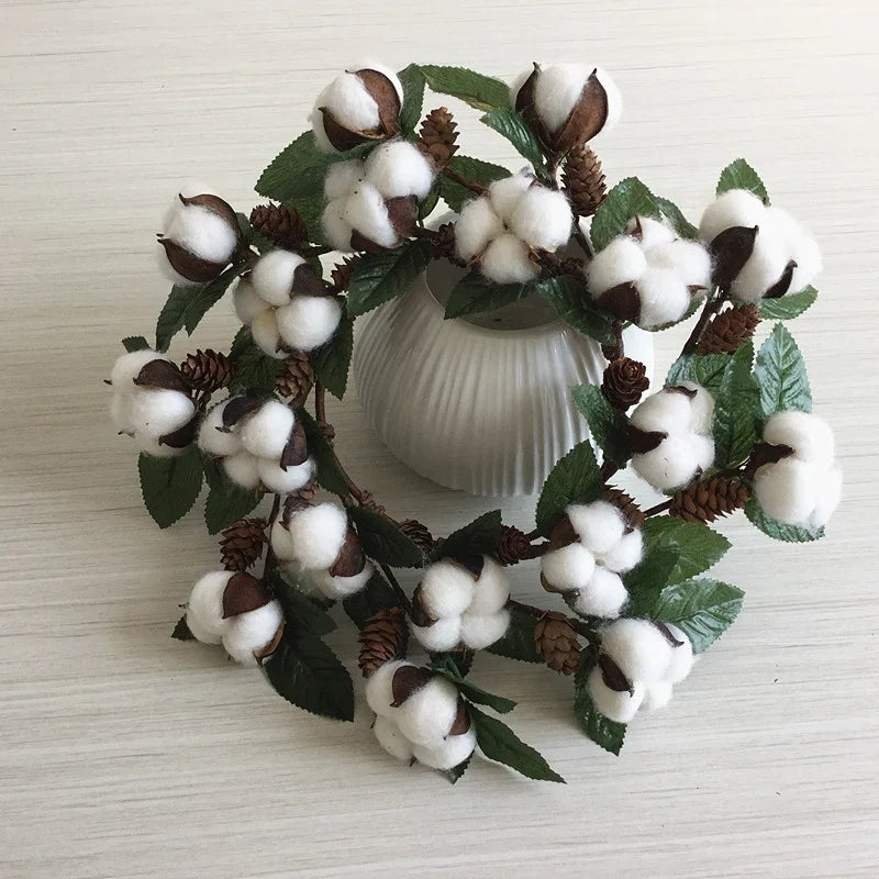 Guirlanda de flores de algodão seco, guirlanda de Natal, pingente de porta, decoração