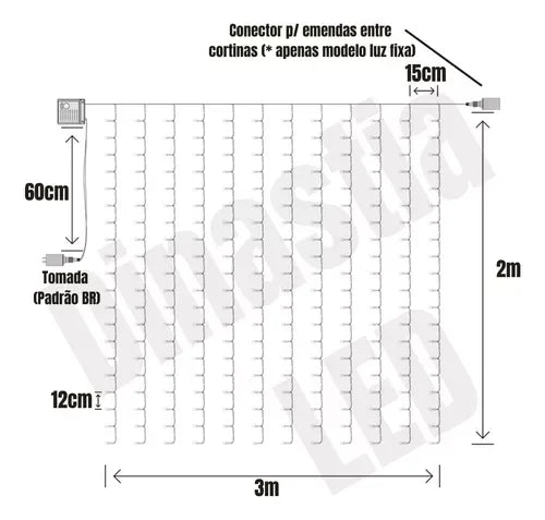 Luz de LED, 3 metros, 300 LEDs, à prova d'água, luz de cortina USB e fio de cobre