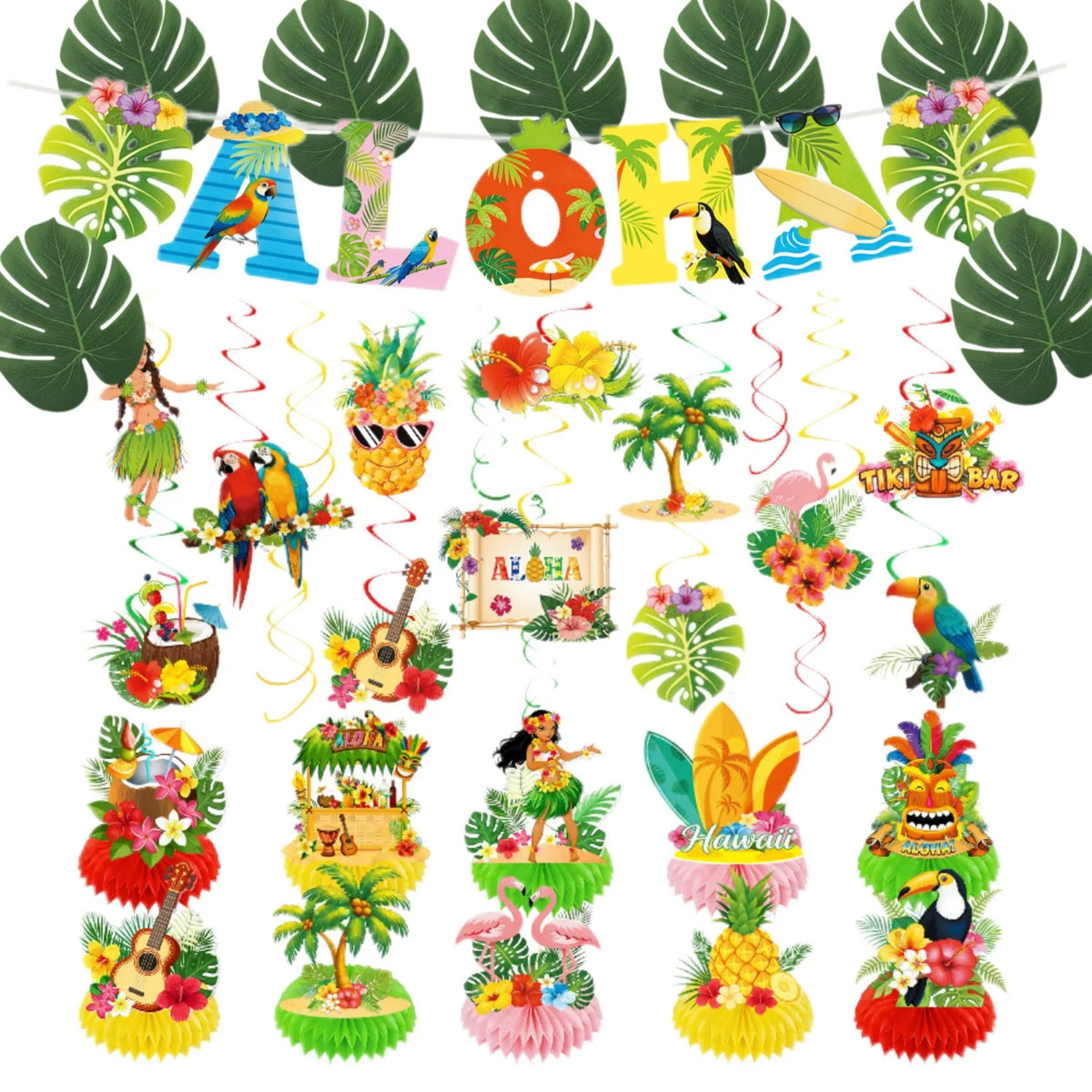 Enfeites de Centro de Mesa com Tema Luau / Festa Havaiana é Feito de Papel com Base em Estilo Favo de Mel