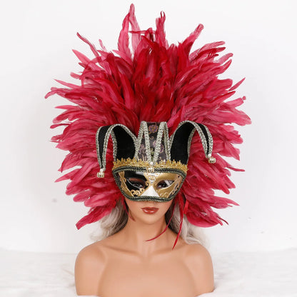 Máscara Veneziana Arlequim com Penacho de Plumas Pretas (Máscara de Bobo da Corte / Carnaval Veneziano)