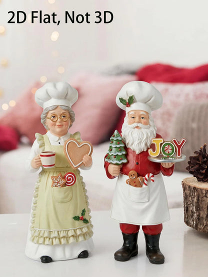 Chef Papai Noel Decorativo e Enfeite de Natal Casal Papai Noel e Mamãe Noel Cozinheiros Resina 13cm