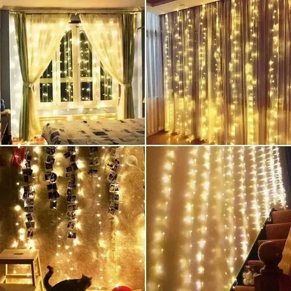 Cortina luz led pisca ou fixa 300 leds 3x3m Natal Festas Decorações USB  (Branco frio)
