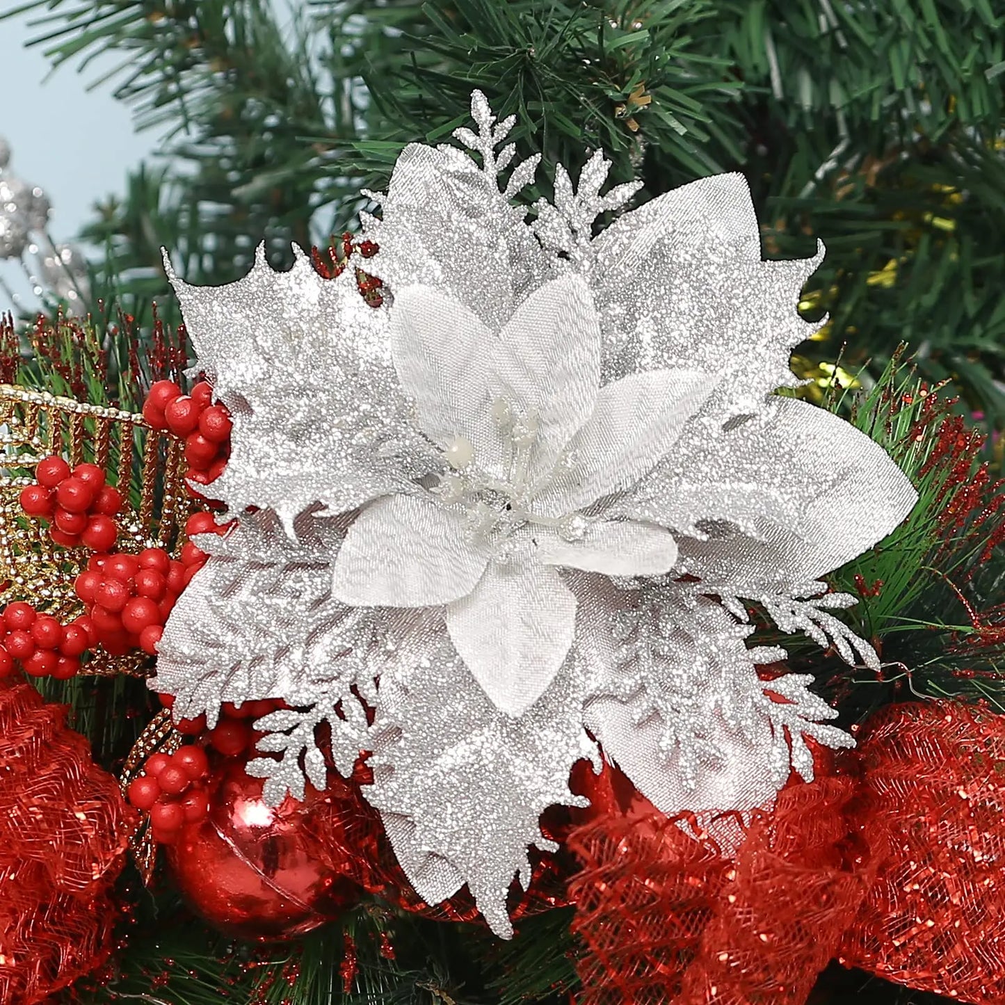 Flor Vermelha Natalina com Glitter  Flores Natal Artificiais Glitter de 14 cm, 5/10/20/50 Peças