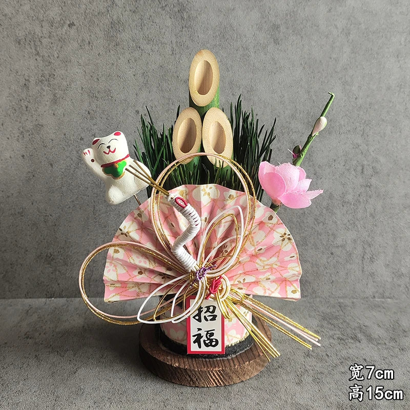 Vaso Três Tubos Leque Dourado com Placa de Madeira, Adorno de Mesa de Ano Novo Japonês (Kadomatsu)