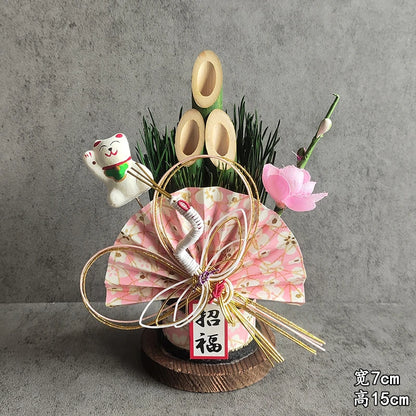 Vaso Três Tubos Leque Dourado com Placa de Madeira, Adorno de Mesa de Ano Novo Japonês (Kadomatsu)