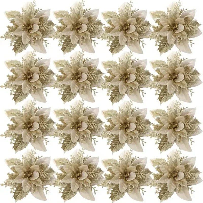 Flores Natal Glitter Artificial 5/10/20/30 peças de Poinsétia de Flores de Natal e Purpurina
