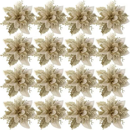 Flores Natal Glitter Artificial 5/10/20/30 peças de Poinsétia de Flores de Natal e Purpurina