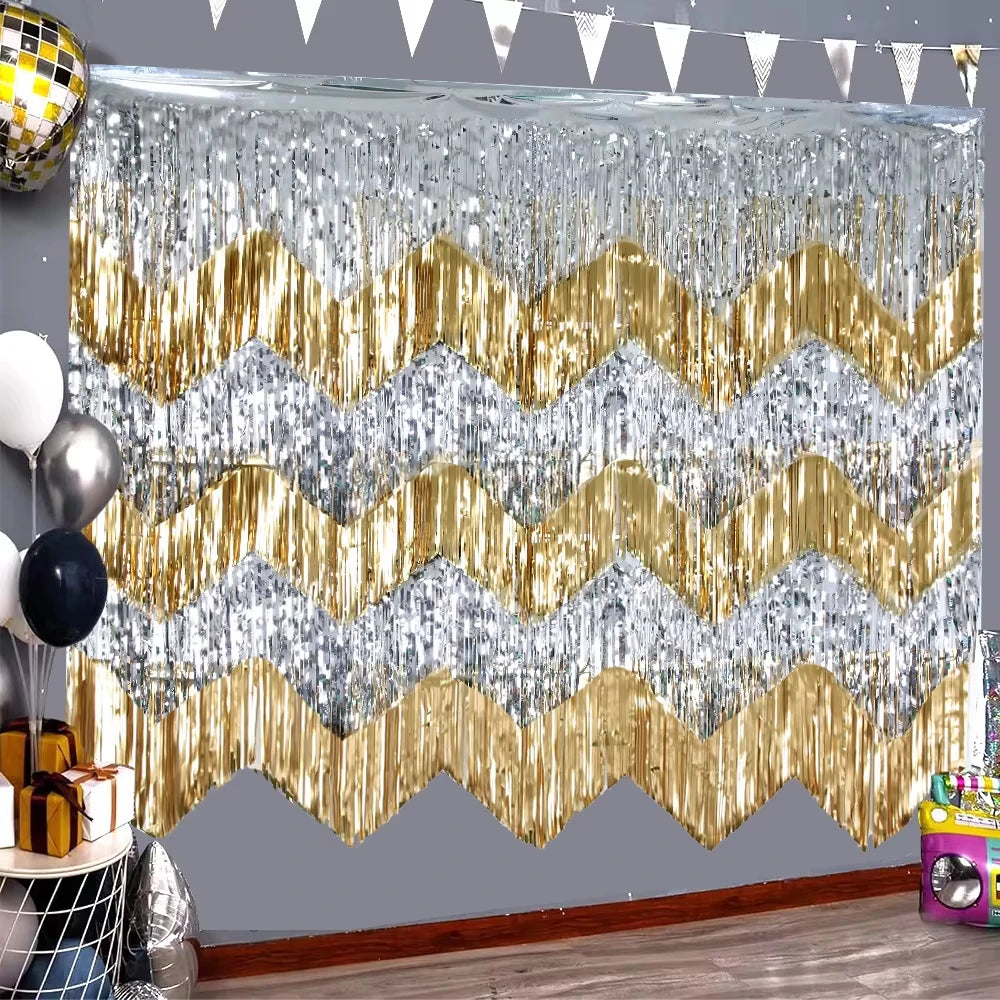 Cortina Ondulado Carnaval Pacote com 4, 9,5 cm x 2,8 m, dourado, verde e roxo