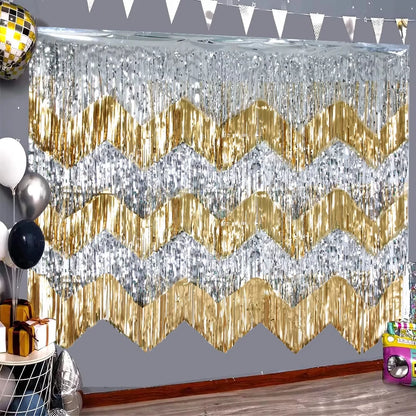 Cortina Ondulado Carnaval Pacote com 4, 9,5 cm x 2,8 m, dourado, verde e roxo