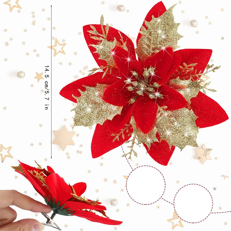 Flor de 5/10 Peças Poinsétia Artificial com Glitter e Enfeites de Natal para shopping
