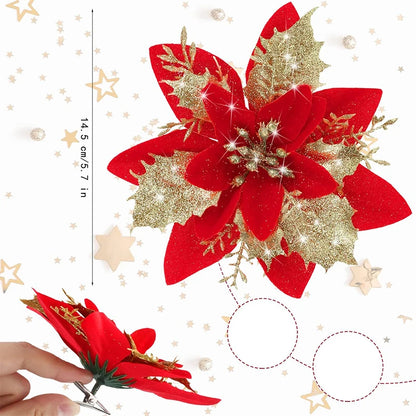 Flor de 5/10 Peças Poinsétia Artificial com Glitter e Enfeites de Natal para shopping