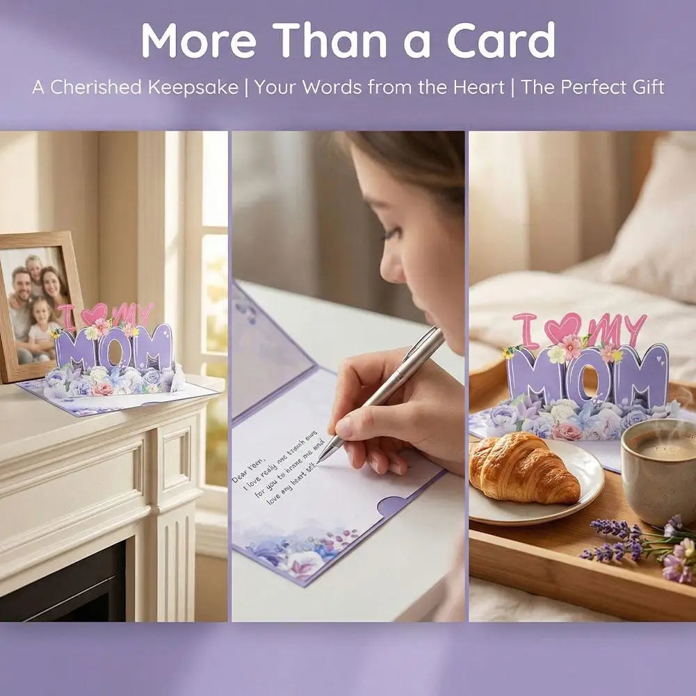 Cartão Dia das Mães, Cartão de Aniversário para Mamãe, Cartão Pop-Up 3D Roxo, Presente