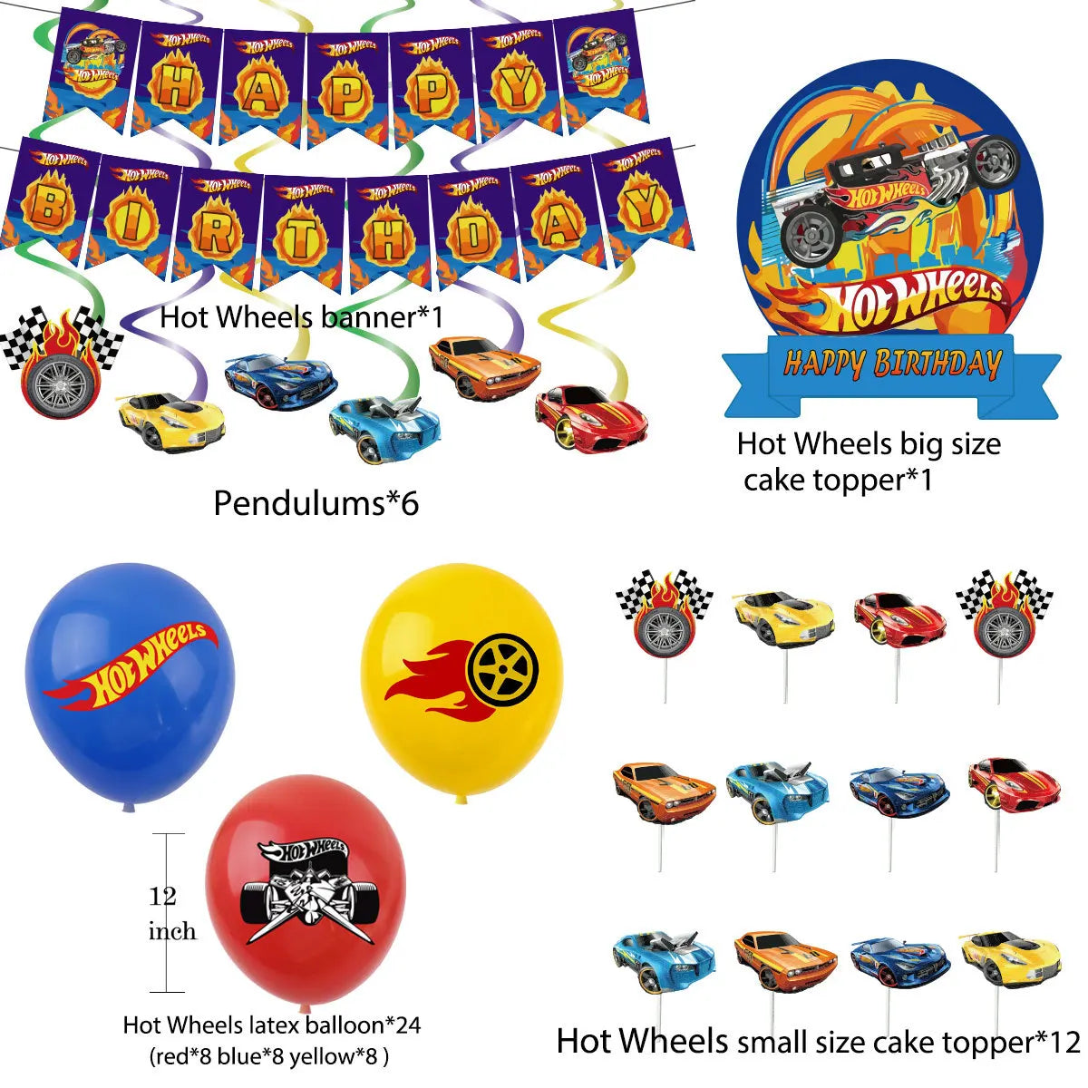 Kit Festa Hot Wheels com Balões e Decorações de Aniversário (23 peças)