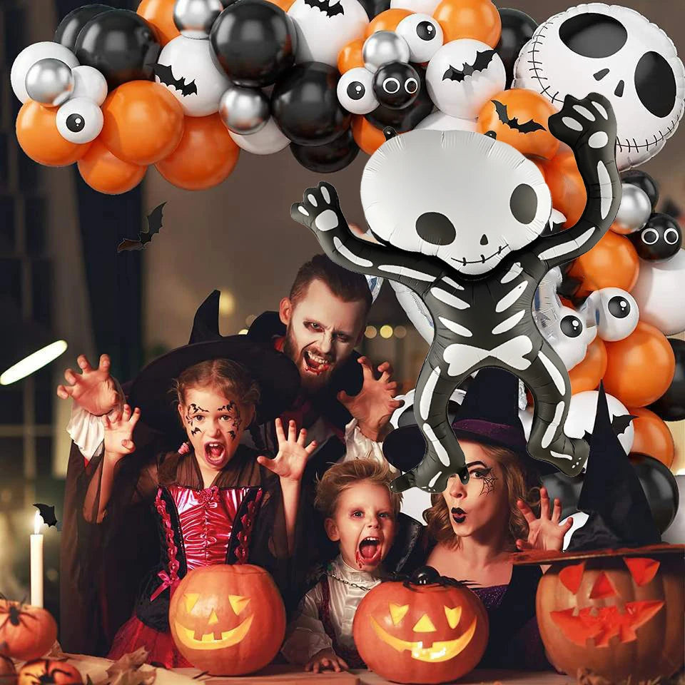 Balão Halloween, Balões látex coloridos com teia aranha - Guirlanda balões preto laranja