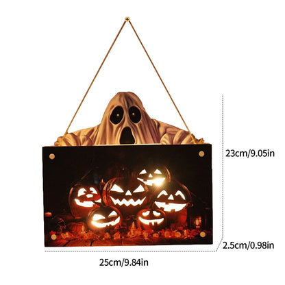 Decorações de placas de suspensão Happy Halloween, luz de LED, fantasma abóbora