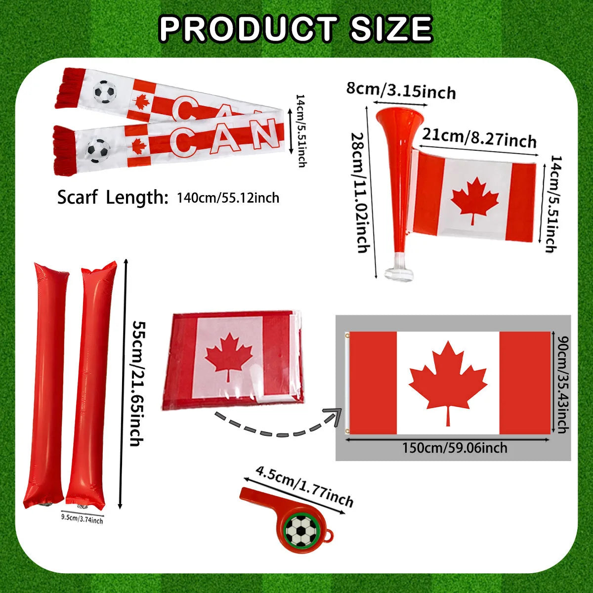 Torcedor Canada 5 Peças: Bandeira, bastão cabeça redonda, Bandeira, Cachecol, Trompete