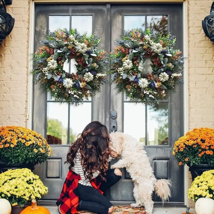 Coroa de outono para porta da frente de 45,7 cm, guirlanda de folhas de cordeiro