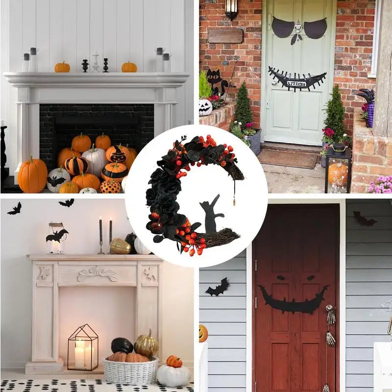 Guirlanda de gato lunar de Halloween Guirlanda de flores, estrelas, lua e gato