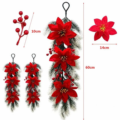 Enfeite é um Arranjo Pendente de Natal Artificial, Flores de Poinsétia Vermelho e Folhagem Pinheiro